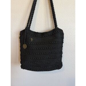 The Sak Black Crochet Woven Women's Shoulder Bag Purse Zip Closure Bag Charm